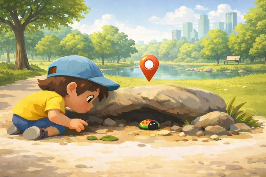 Child discovering a painted rock in a park
