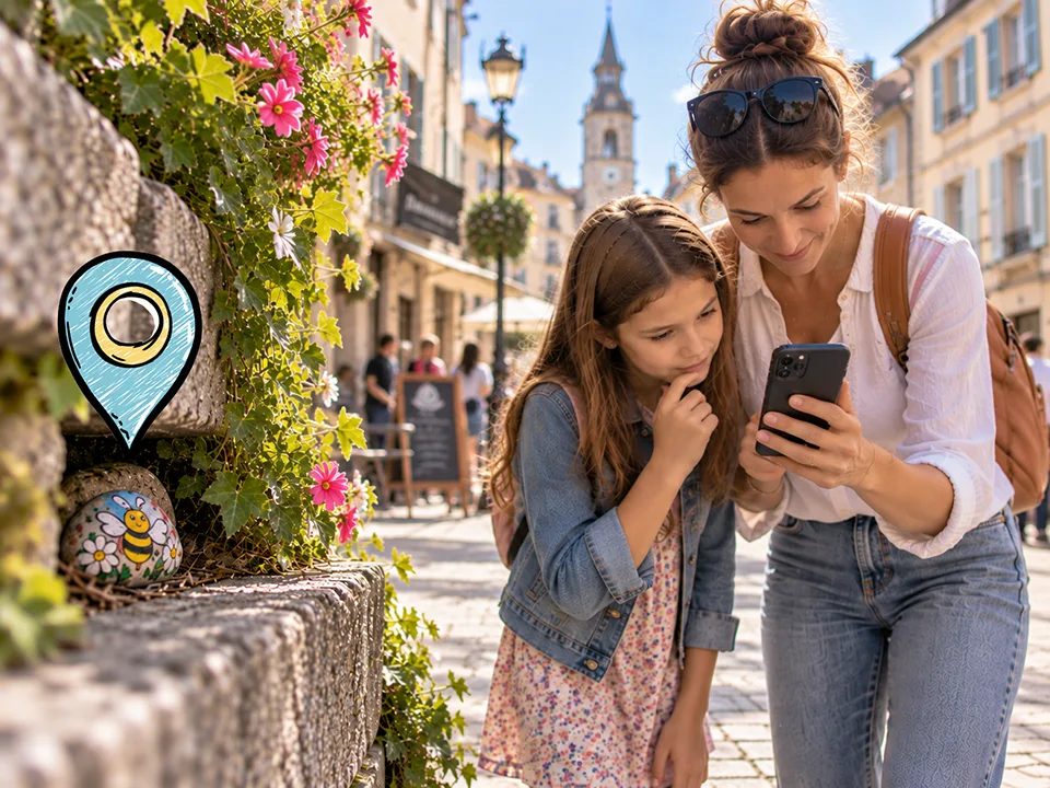 A mother and daughter use RockQuest to search for a hidden painted rock