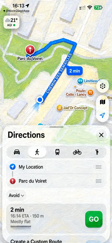 RockQuest map showing walking directions to a hidden painted rock
