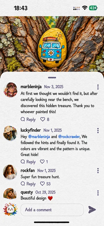 RockQuest screen showing a found painted rock and comments from the community