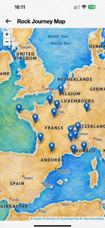 RockQuest journey map showing the locations visited by a painted rock