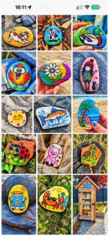 RockQuest gallery showing a collection of painted rocks