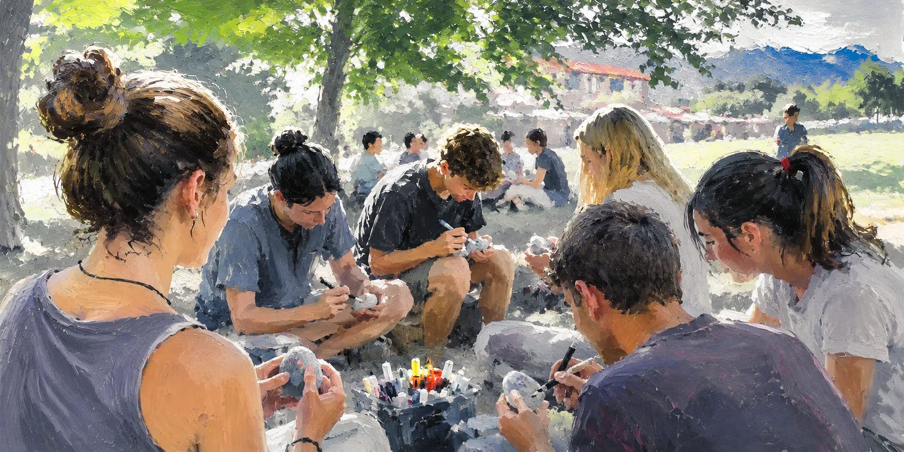A community painting colorful rocks together outdoors